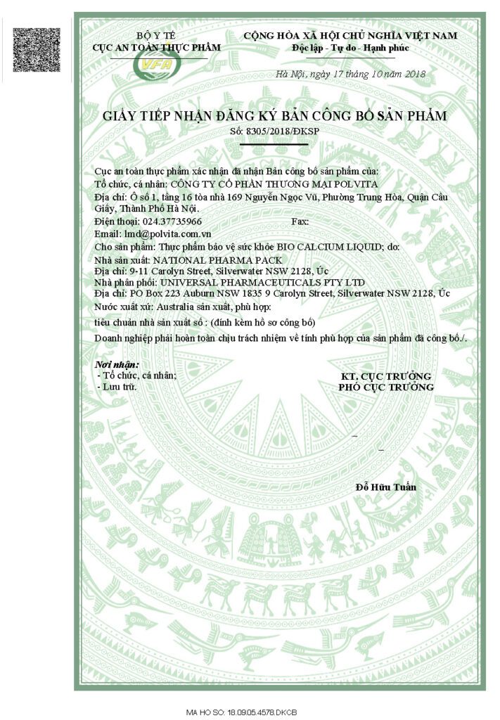 Đăng ký sản phẩm Bio Calcium Liquid