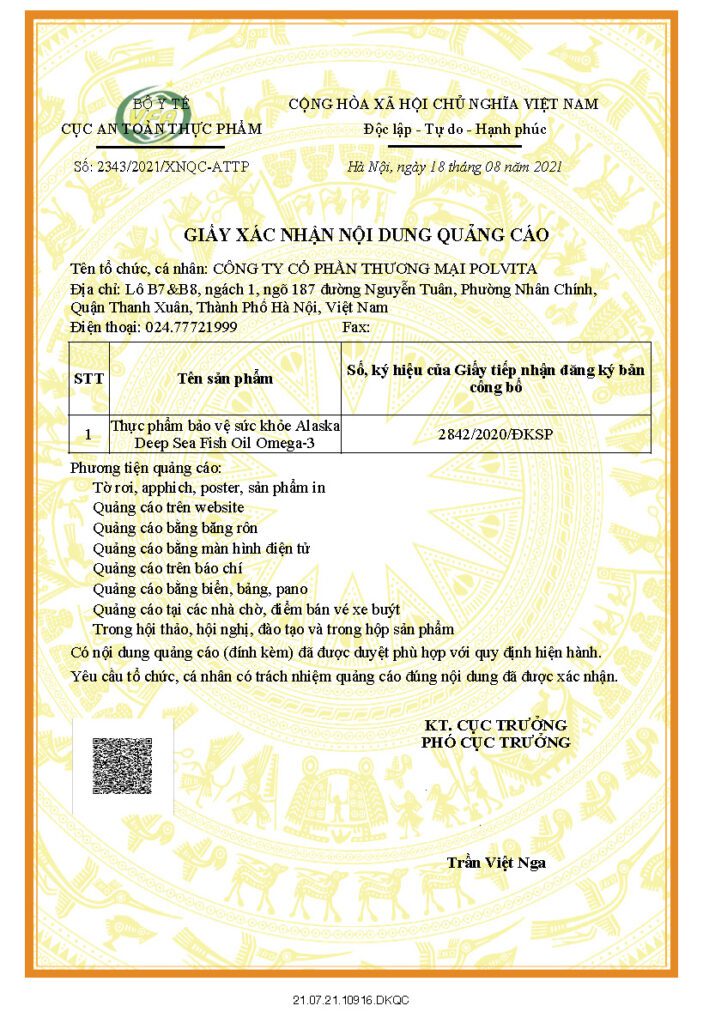 Giấy phép quảng cáo Dầu Cá Alaska Deep Sea Fish Oil Omega-3
