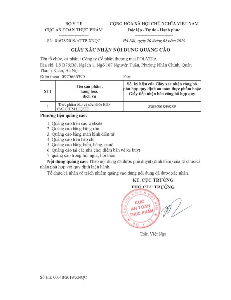 Giấy phép quảng cáo Bio Calcium Liquid