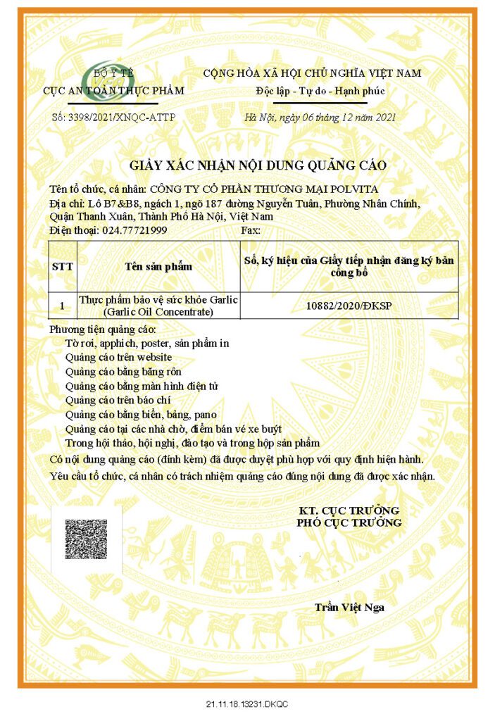 Giấy phép quảng cáo Garlic Oil Concentrate