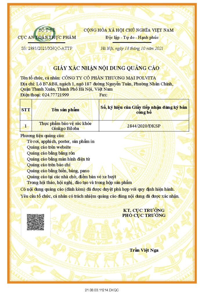 Giấy phép quảng cáo Ginkgo Biloba