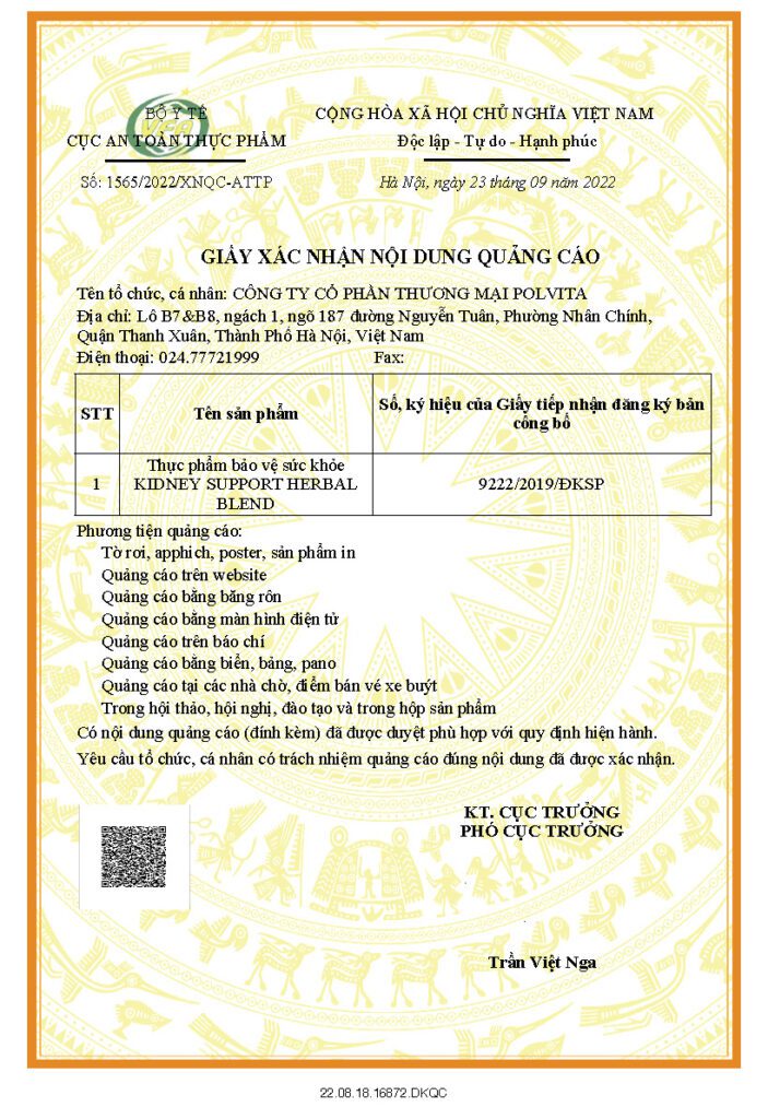 Giấy phép quảng cáo sản phẩm KIDNEY SUPPORT HERBAL BLEND