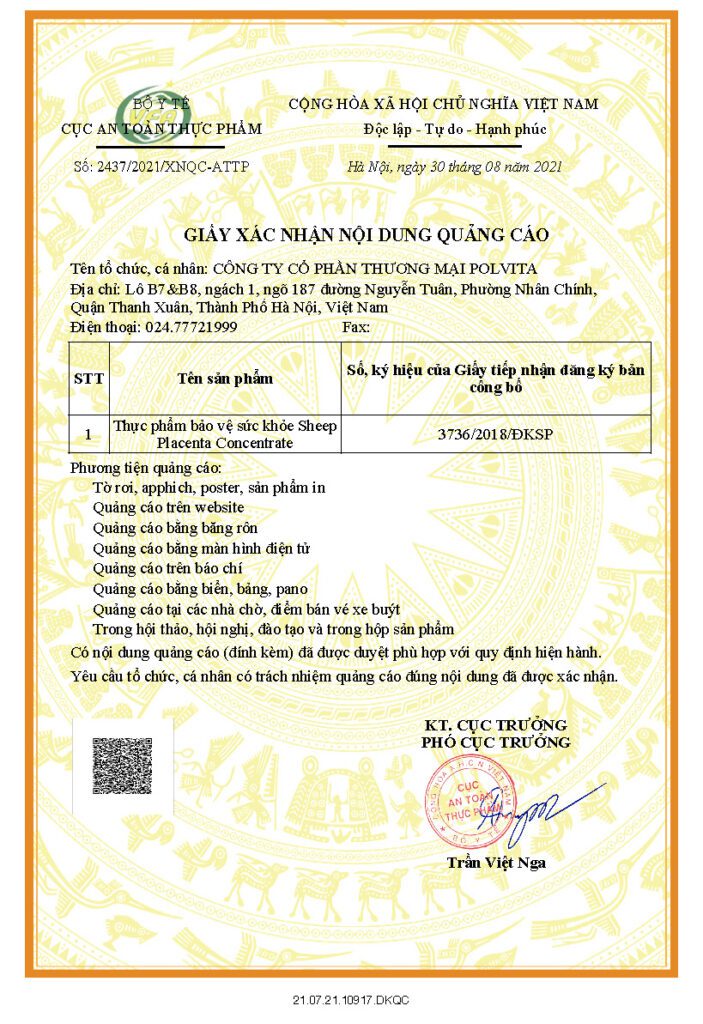 Giấy phép quảng cáo Sheep Placenta Concentrate