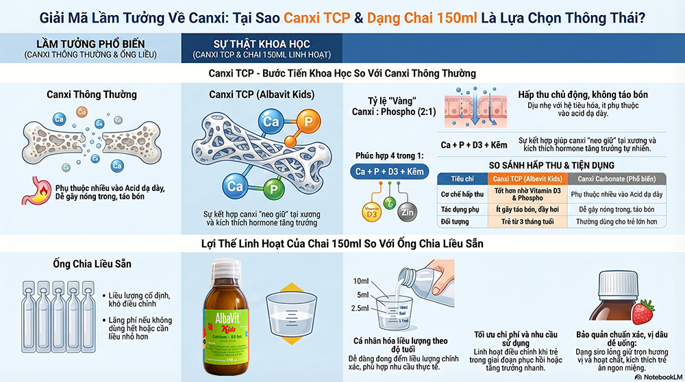 Bí quyết chọn canxi cho con: Giải mã nỗi lo "Hữu cơ - Vô cơ" và câu chuyện "Chia liều sẵn"